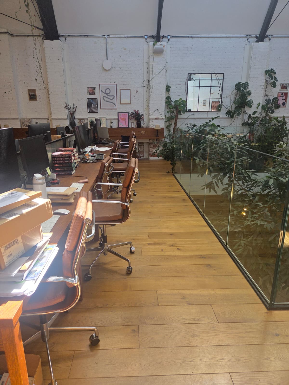 Desks along the mezzanine in the office